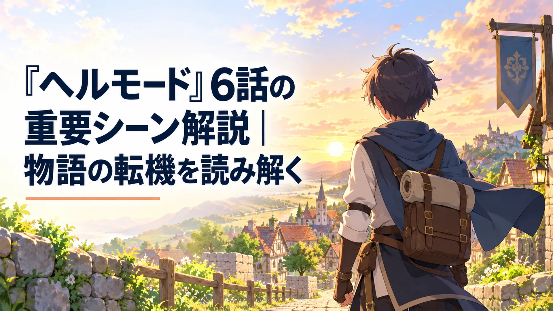 夕暮れのクレナ村を背景に、旅立ちの決意を固める少年アレンの後ろ姿