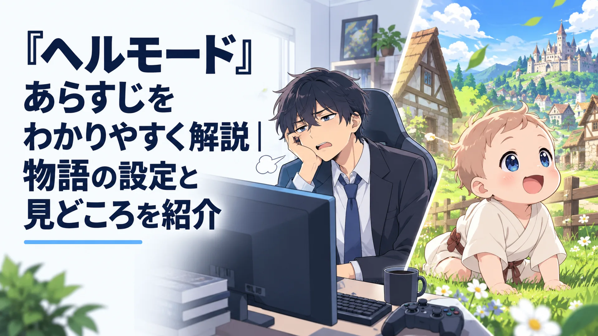 ゲーム画面の前でため息をつくスーツ姿の男性と、異世界の農村に立つ赤ん坊の対比イラスト
